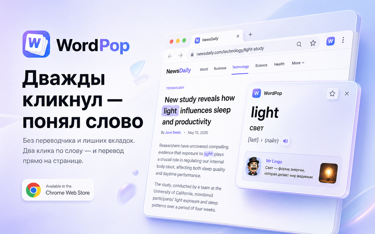 WordPop: двойной клик по слову light — карточка с переводом «свет», транскрипцией и мнемоникой Mr Lingo