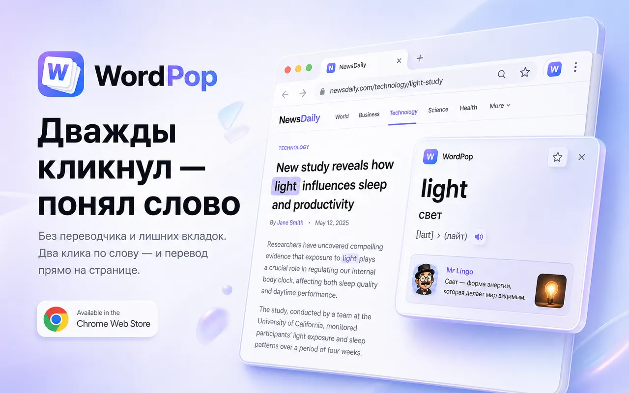 Словарная карточка WordPop на английском слове