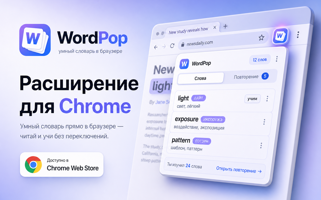 Расширение WordPop в панели браузера: список слов light, exposure, pattern