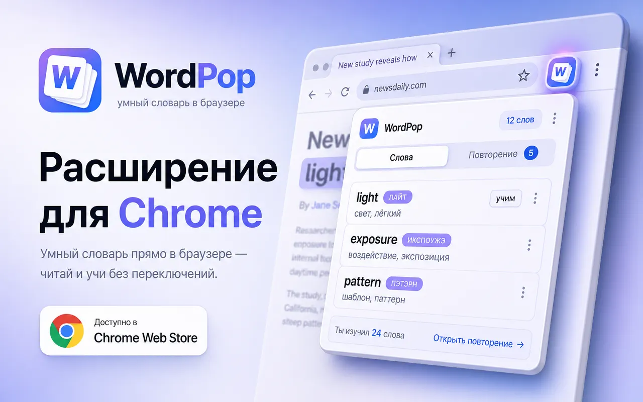 Панель WordPop со списком сохранённых слов в Chromium-браузере