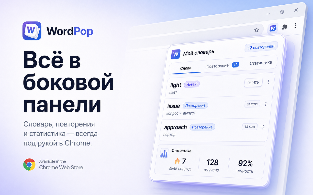 Боковая панель WordPop: словарь, повторения и статистика — 7 дней подряд, 128 выучено